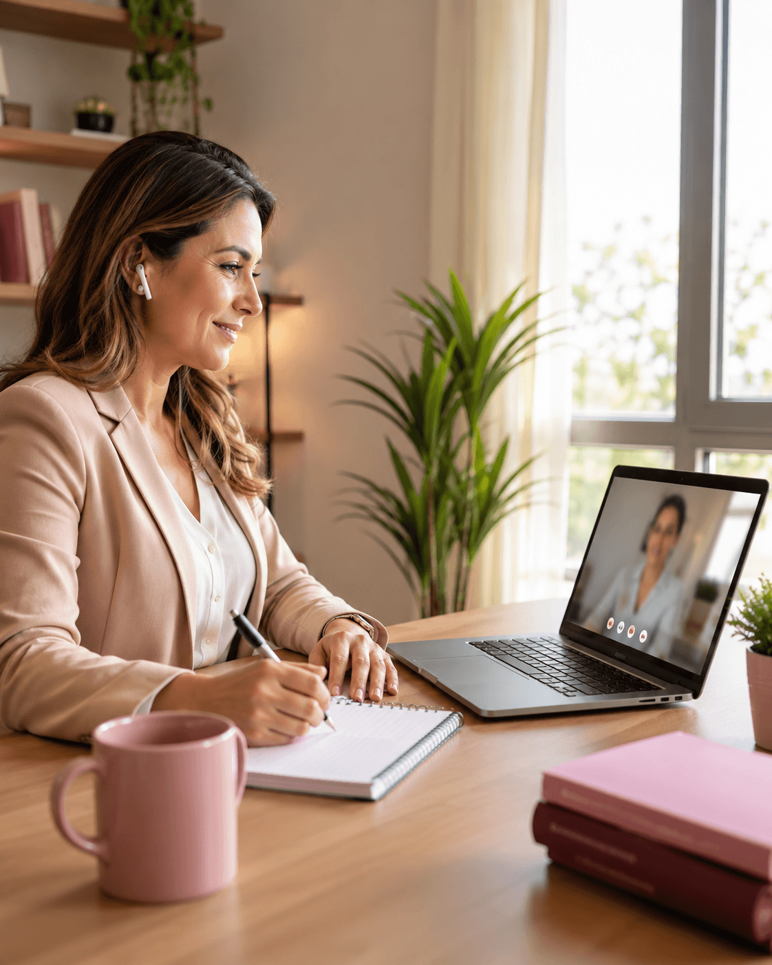 Colaboradora em atendimento psicológico online, anotando no caderno