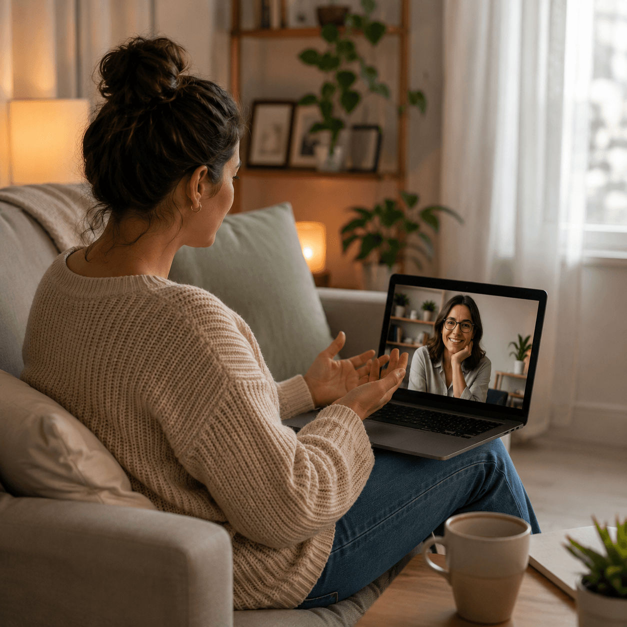 Colaboradora em sessão de terapia online pelo notebook, em casa