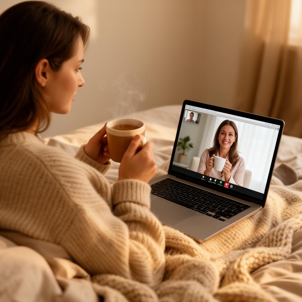 Pessoa em sessão de terapia online no conforto de casa